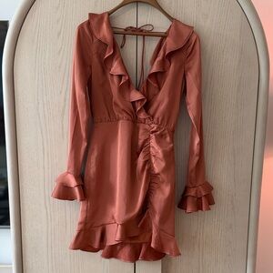 MAJORELLE Ruffled Long Sleeve Dress in Rust
